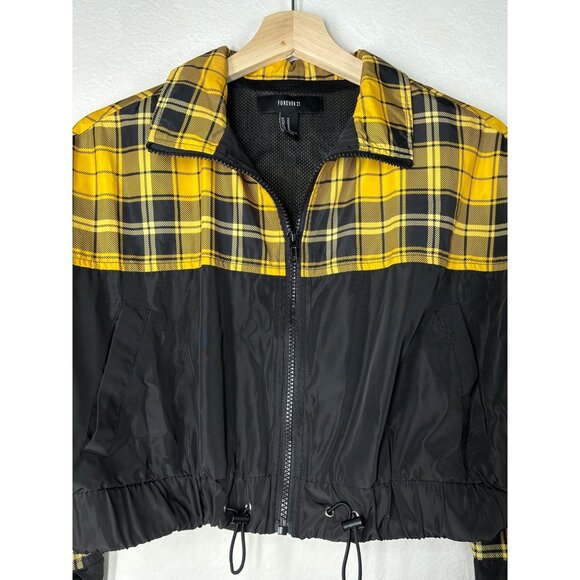 Forever 21 Black and Yellow Plaid Cropped Bomber Jacket Size Medium - Picture 4 of 9